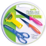 Juego de 2 cuchillos 1 Pelador, 1 tijera y 1 tabla MARCA EUROHOME